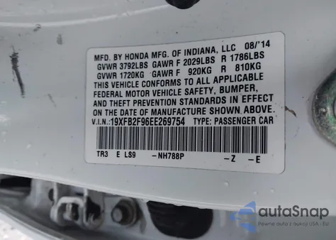 2014 Honda Civic Ex-L z USA, uszkodzony, nr VIN 19XFB2F96EE269754